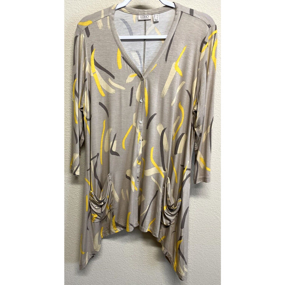 LOGO by Lori Goldstein Button Front Cardigan Pockets Size L Taupe 80's Graphic - Picture 6 of 12